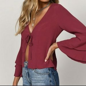 Tobi Nwt Maroon Blouse, Tie Front and Flared Sleeves